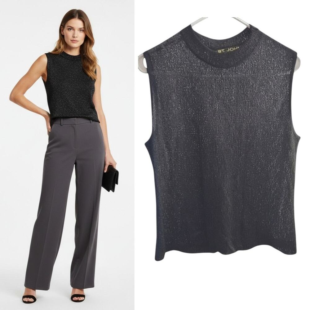 St. John Basics Knit Sleeveless Top Women's Sz L Black Open-Weave Classic Staple - Picture 5 of 16